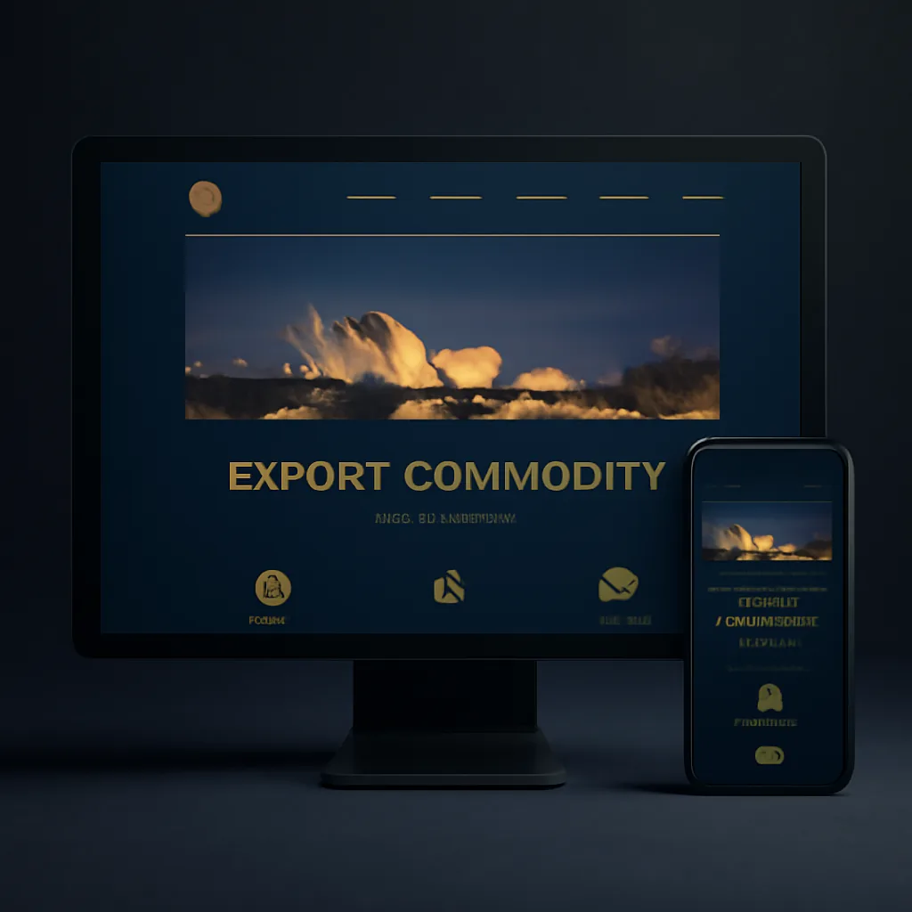 Export commodity business website mockup with bilingual layout on desktop and mobile