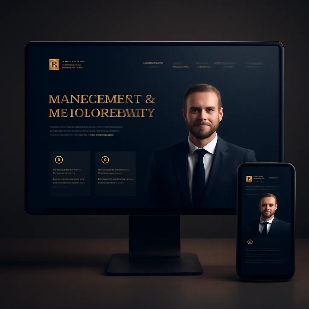 Management and HR consultant website mockup with case studies on desktop and mobile