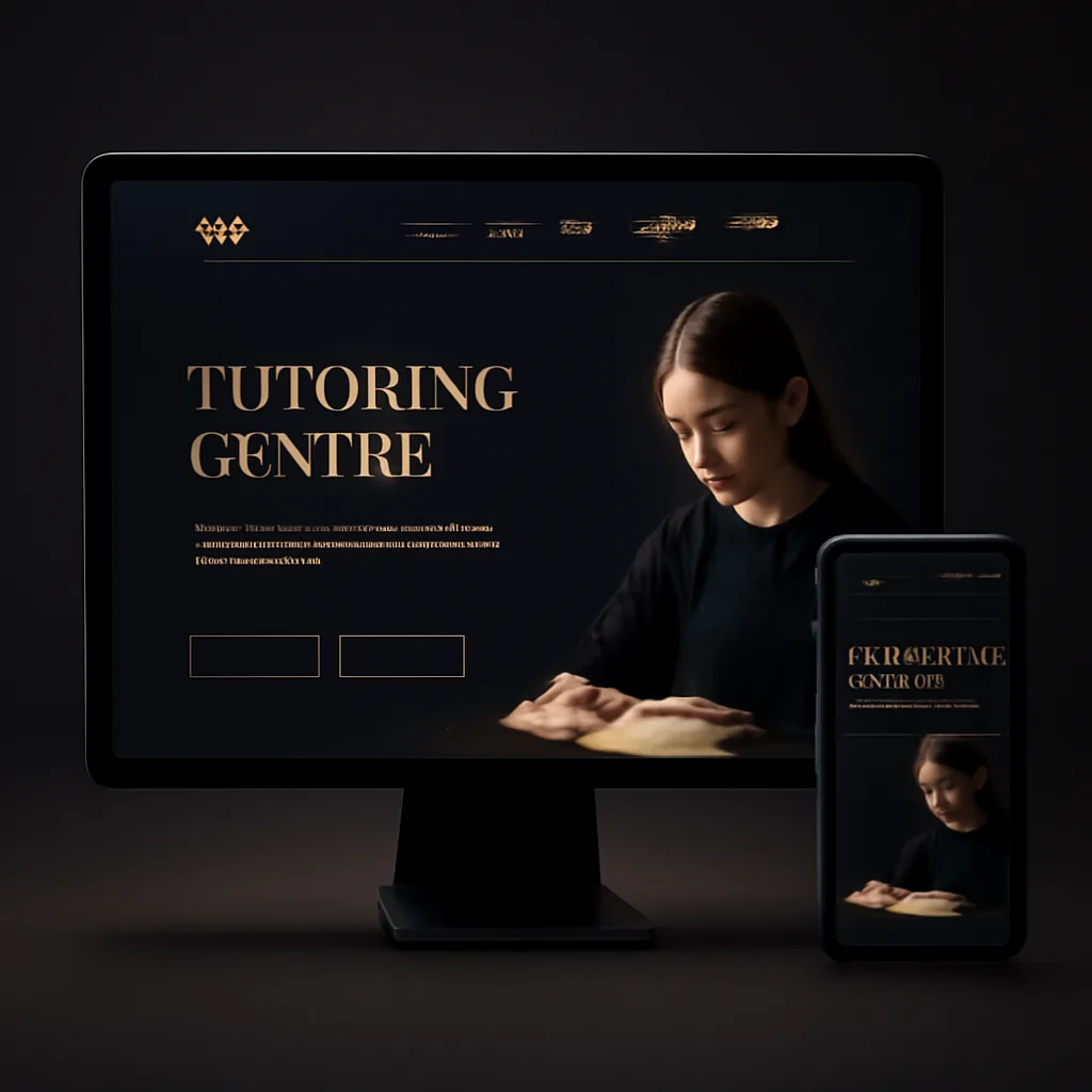 Tutoring and bimbel website mockup with curriculum maps on desktop and mobile