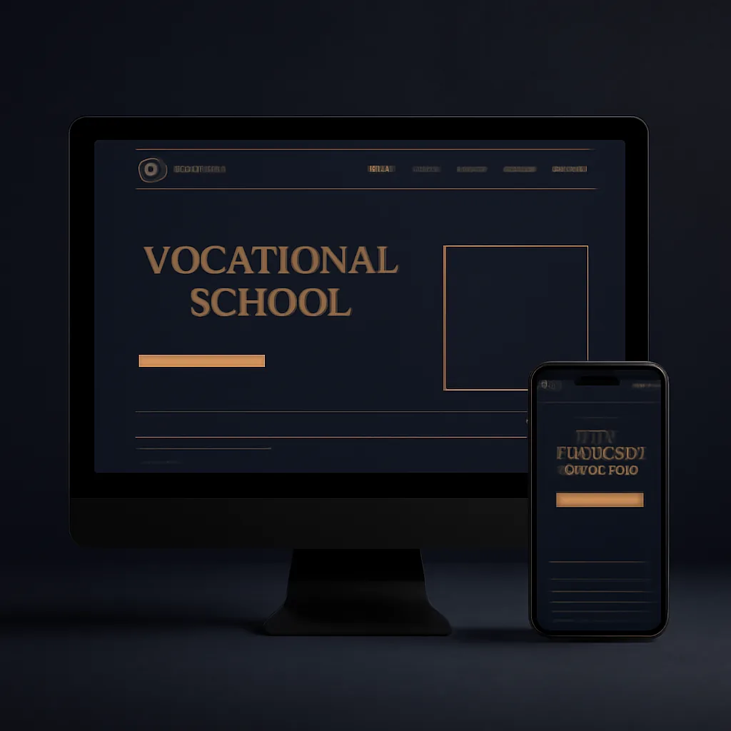 Vocational and skills training school website mockup with placement stats on desktop and mobile
