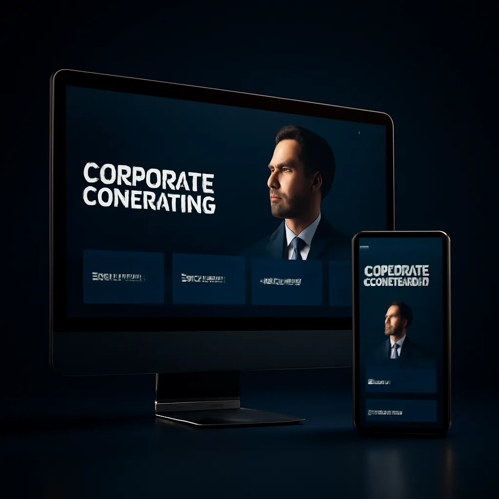 Corporate consulting website mockup with case studies on desktop and mobile