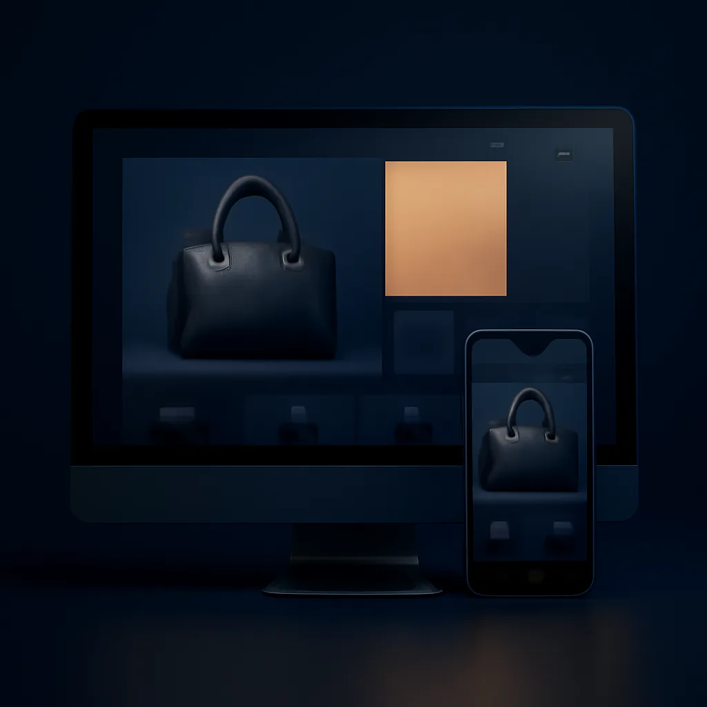 Premium ecommerce store website mockup with bold product pages on desktop and mobile