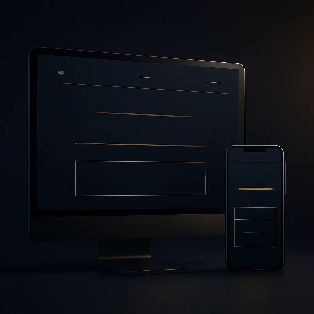 Dark luxury business website mockup with gold accents shown on desktop and mobile